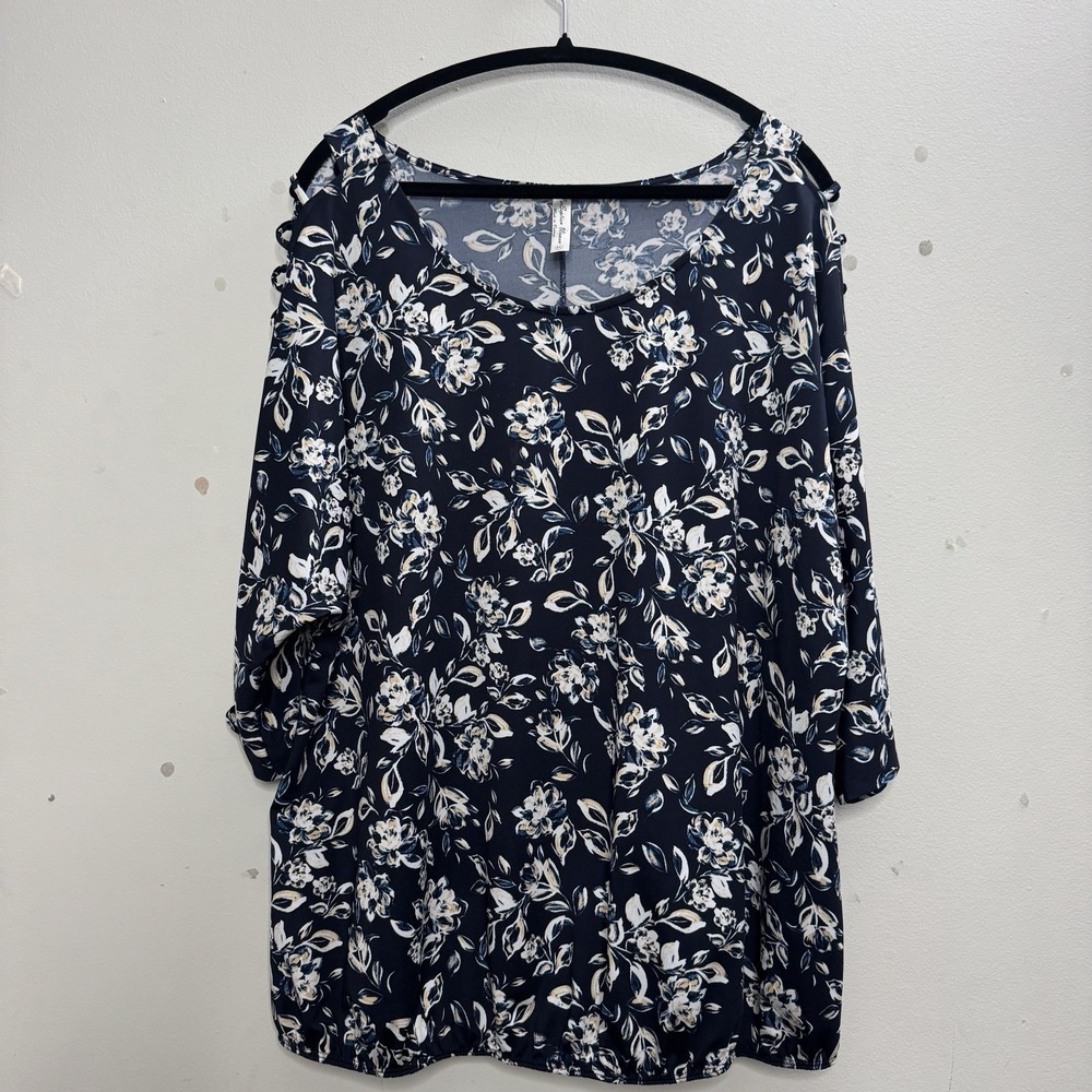 PerSpection Concept 3X Blue Floral Top Slit Sleeve 3/4‎ Sleeve Plus Size Comfy